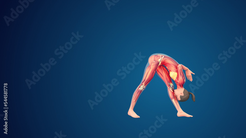 3D human Parsvottanasana Variation with arms in reverse namaskar yoga pose on blue background