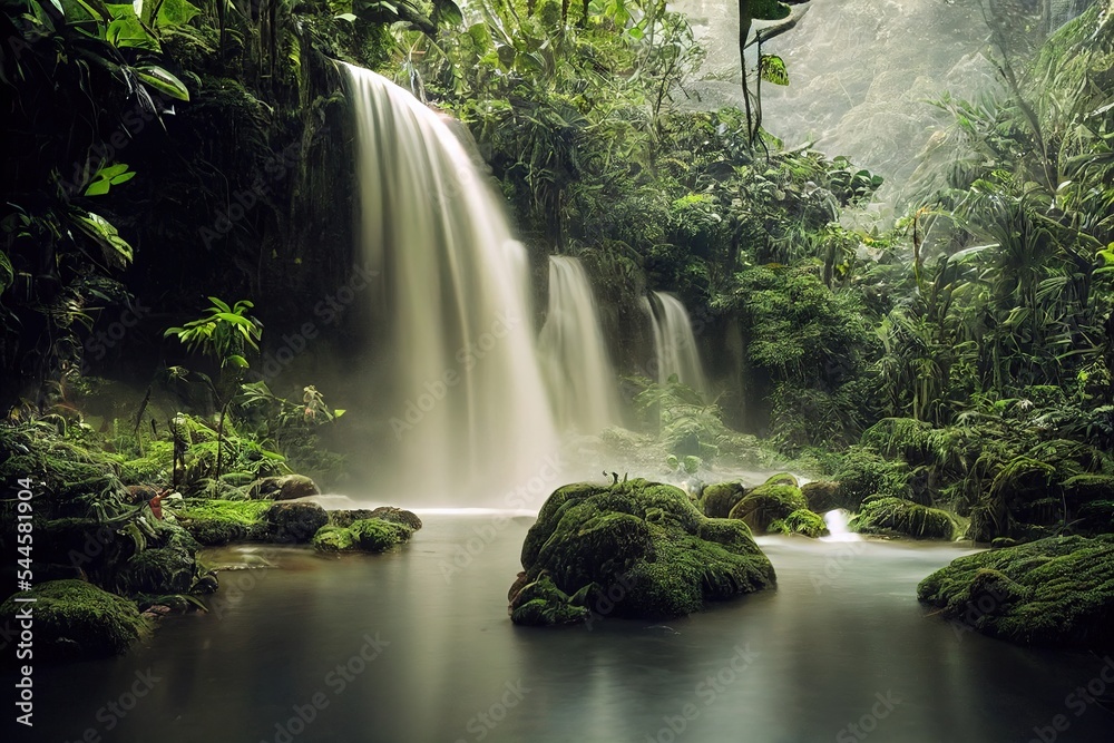 Beautiful waterfall in deep jungle. Photorealistic illustrated landscape generated by Ai