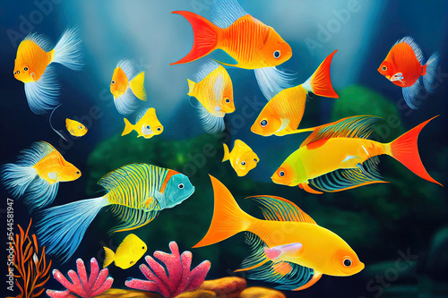 Cartoon cute tropical ocean exotic aquarium fishes. Goldfishes, tetra, barb, angelfish and lionfish. Small freshwater fish pets . Underwater bright animals isolated on white