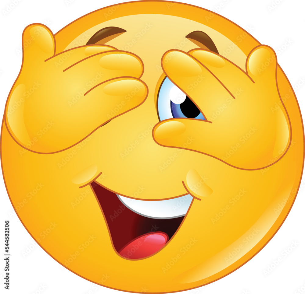 Happy emoji emoticon covering eyes and peeking, waiting for a surprise