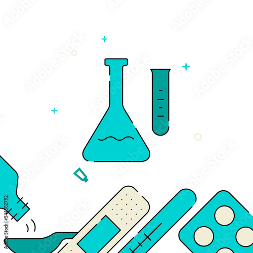 Laboratory glassware retort filled line vector icon, simple illustration, related bottom border.