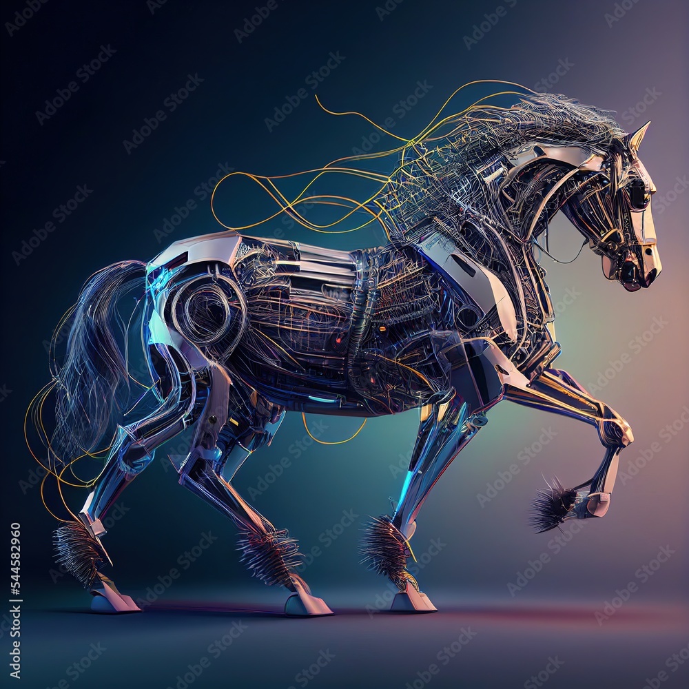 ภาพประกอบสต็อก cyberpunk horse made with metals, cables and