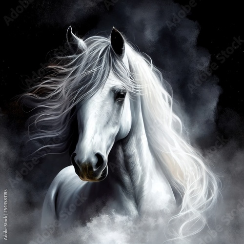 Gorgeous white horse illustrated portrait, stunning illustration generated by Ai, is not based on any original image, character or person	