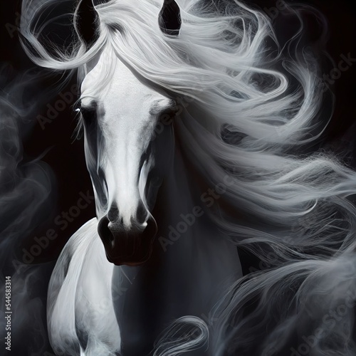 Gorgeous white horse illustrated portrait, stunning illustration generated by Ai, is not based on any original image, character or person 