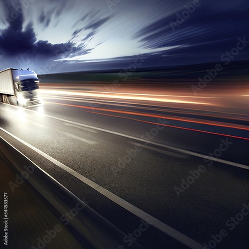Abstract photorealistic illustration of Cargo truck on the highway. Traffic lights, motion blur. Ai generated image