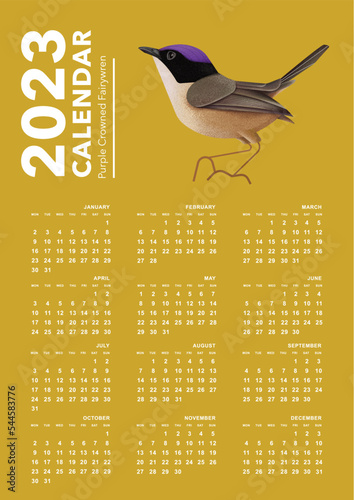 Calendar 2023, Bird Calendar , Purple Crowned Fairywren illustration design week start Monday template vector image eps file can edit color font and background photo