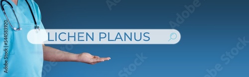 Lichen planus. Doctor stretches out hand. Browser search with text hovers over it. Medicine online on the internet photo