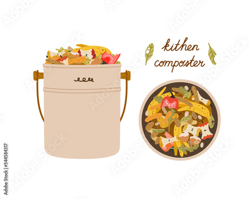 Kitchen composter, with organic waste and hand lettering. Ecological recycling, responsible consumption. Organic waste for domestic composting.