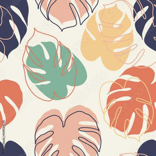 Colorful Abstract Topical Palm Leaves Monstera Seamless Pattern Background