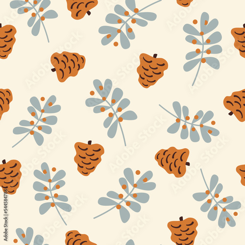 Cute winter seamless vector pattern background illustration with pine cones and branches with berries