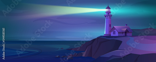 Cartoon working lighthouse with a beam of light at night. Marine navigation tower on sea coast, ocean shore. Coastline landscape with beacon and signal building with glowing ray. Seashore in the dark.