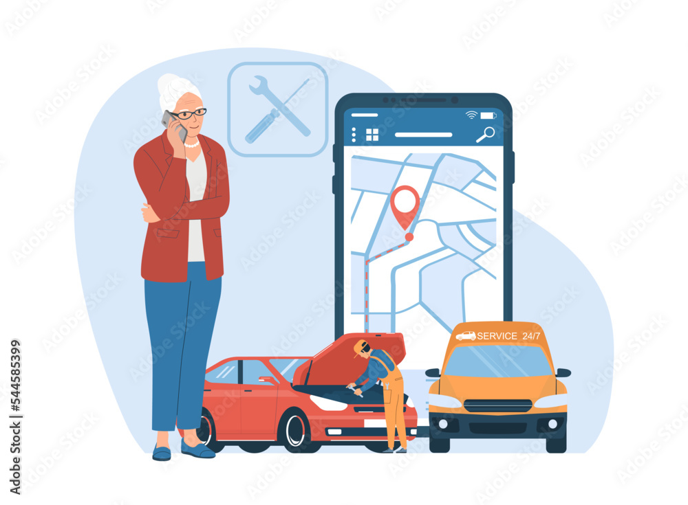 Roadside assistance service concept. Elderly woman called auto mechanic from roadside assistance. Vector illustration.