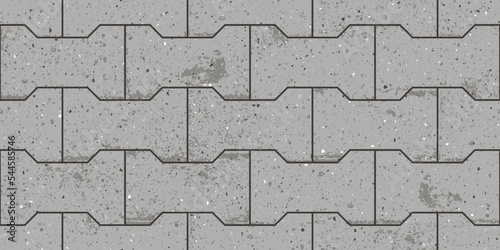 Seamless pattern of pavement with dumble interlocking textured concrete bricks. Vector pathway texture top view. Outdoor concrete slab sidewalk. Cobblestone footpath or patio. Block floor