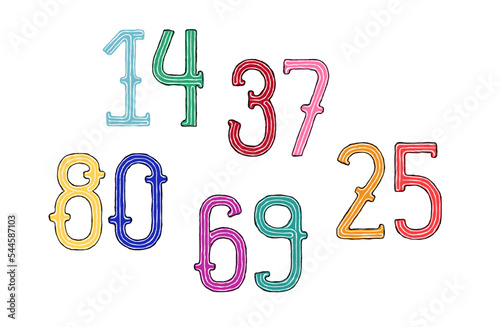 Set of bright and funny numbers from 1 to 0. Hand drawn childish striped linear numerics. Vector graphics