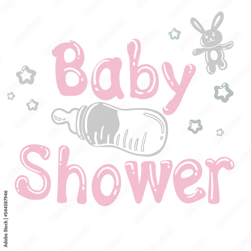 Baby shower pink lettering doodle horizontal banner - cartoon bunny, milk bottle, and stars. Vector cute illustration.Design for a baby shower, gender party, baby products, invitations.
