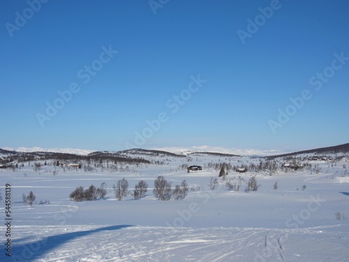 Scenic winter landscape in Rauland, Norway, on a beautiful cold sunny day with blue sky