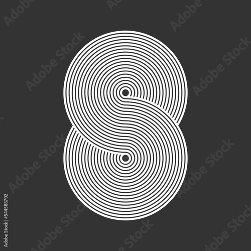 Striped lines in a shape of a number 8. White Celtic knot pattern on a black background. Infinity loop. Endless, eternal ancient symbol. Visual effect, op art. Vector illustration, line art, clip art.
