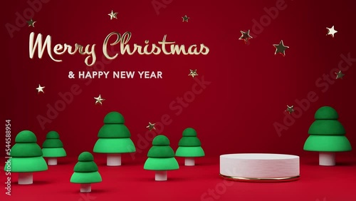 Loop animation video Happy New Year background. Merry Christmas green Christmas trees with gold star podium, pedestal studio, realistic glow 3d. Christmas decorations. Space for merchandise, cosmetics