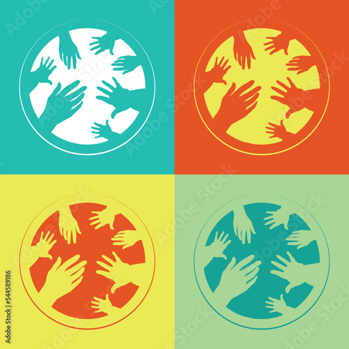Helping hands vector logo art set.Four differently colored icons of child and adult hands.Love, care, protection concept.Circle emblem style.