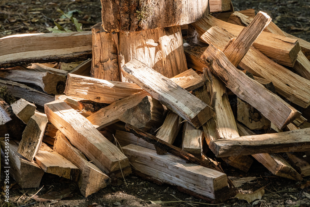Preparing firewood for stove or fireplace. Cutting oak stumps with Gardena's axe. Close-up. Selective focus. Gardena's axe sticks out of stump against a blurred background of garden greenery. Preparing firewood for stove or fireplace. Cutting oak stumps with Gardena's axe. Close-up. Selective focus. Gardena's axe sticks out of stump against a blurred background of garden greenery.
