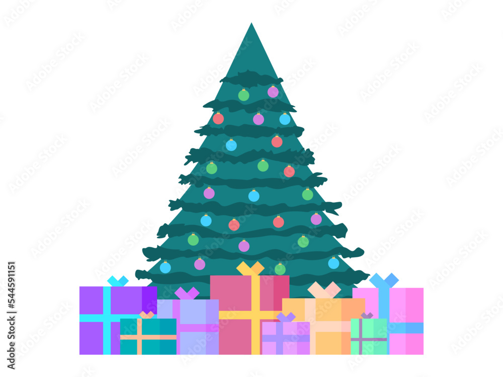 Decorated Christmas tree with gift boxes isolated on white background. Gifts under the tree. Merry Christmas. Festive design for greeting cards, invitations and banners. Vector illustration