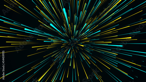 Abstract hyperspeed background. Movements of big data cyberspace. Dynamic light lines on the speed. Futuristic explosion of light. Colored rays in motion. 3D rendering.