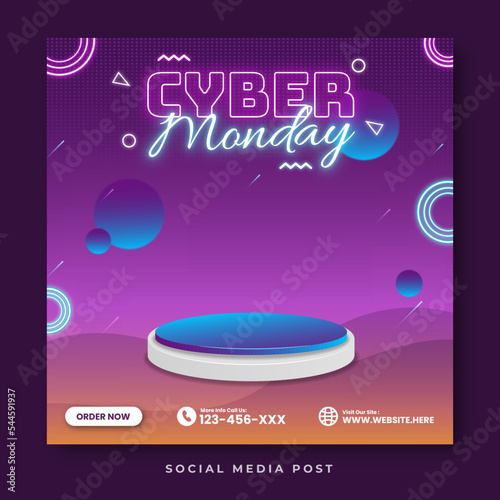 Neon cyber monday sale with podium product display social media banner