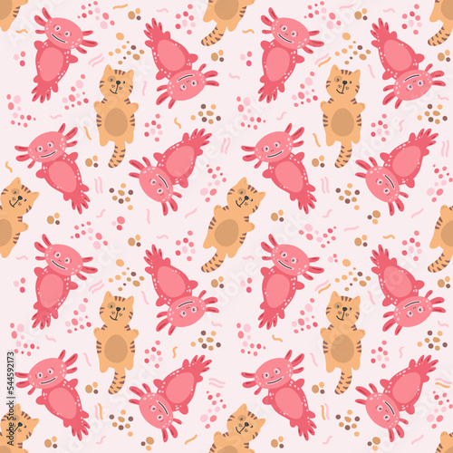 Seamless pattern with axolotl and cat