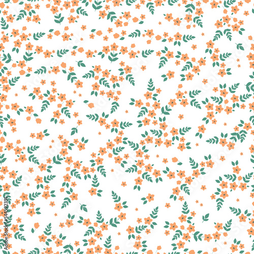 Cute floral pattern. Seamless vector texture. An elegant template for fashionable prints. Print with small orange flowers, green leaves. white background.