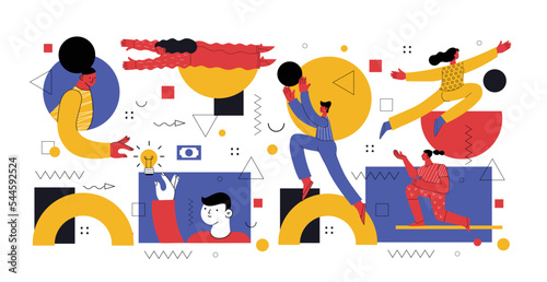 Creative team creating new, building abstract structure, working under corporate project. Business and creativity process, teamwork concept. Flat vector illustration