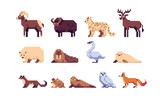 Tundra Animals pixel art set. Arctic and Antarctic wildlife collection. Polar species. 8 bit sprite. Game development, mobile app.  Isolated vector illustration.