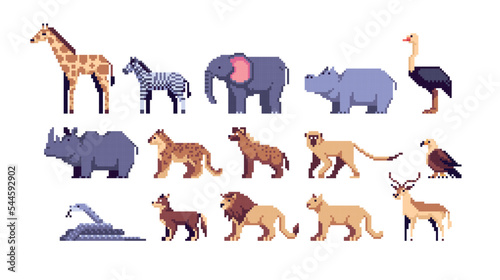 African Animals pixel art set. Safari wildlife collection. Savanna species. 8 bit sprite. Game development  mobile app.  Isolated vector illustration.