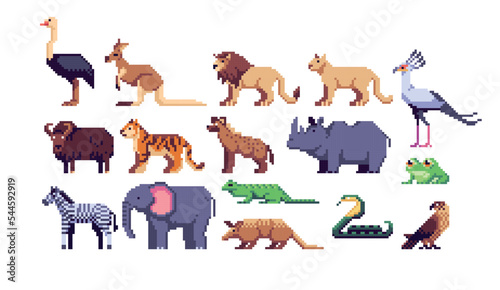 Grassland Animals pixel art set. Savanna wildlife collection. Safari species. 8 bit sprite. Game development, mobile app.  Isolated vector illustration. photo