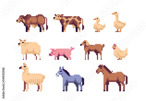 Farm Animals pixel art set. Sheep, cows and horse collection. Duck, chicken and goose. Llama and pig. 8 bit sprite. Game development, mobile app.  Isolated vector illustration.