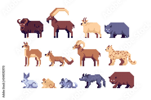 Mountain Animals pixel art set. Alpine wildlife collection. Snow forest species. 8 bit. Game development, mobile app.  Isolated vector illustration.