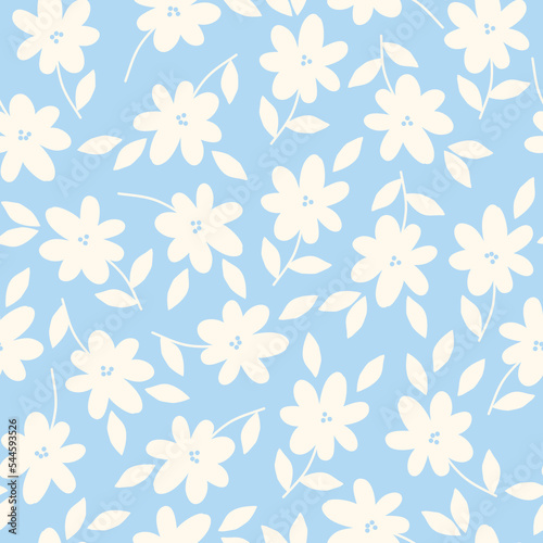 Marvelous floral pattern. Seamless vector texture. An elegant template for fashionable prints. Print with white flowers and leaves . light blue background.