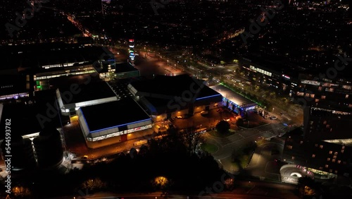 Amsterdam, 27th of October 2022, The Netherlands. Rai Amsterdam confention and exhibition and event center. Dark night time aerial drone overview. Commercial company close to the airport. photo