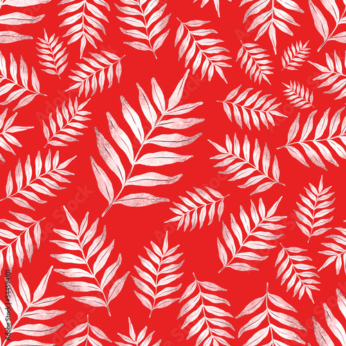 Watercolor seamless pattern with colorful abstract tropical leaves. Bright summer print with exotic plants. Creative trendy botanical textile design. 