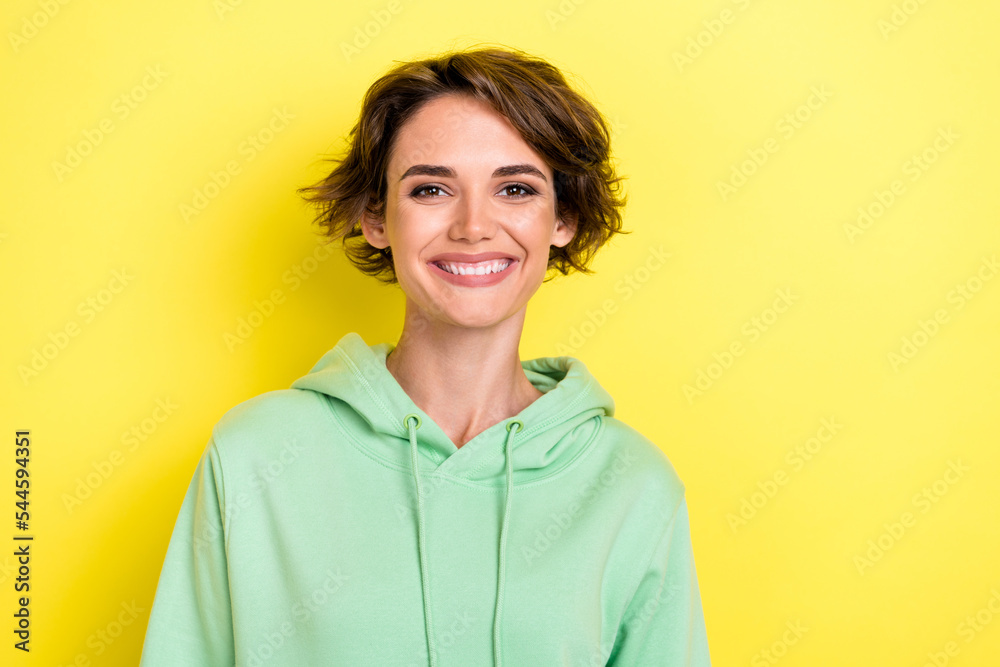Close up photo of cute shiny lady toothy smile rejoice new fashionable clothes nice haircut isolated on yellow color background Close up photo of cute shiny lady toothy smile rejoice new fashionable clothes nice haircut isolated on yellow color background