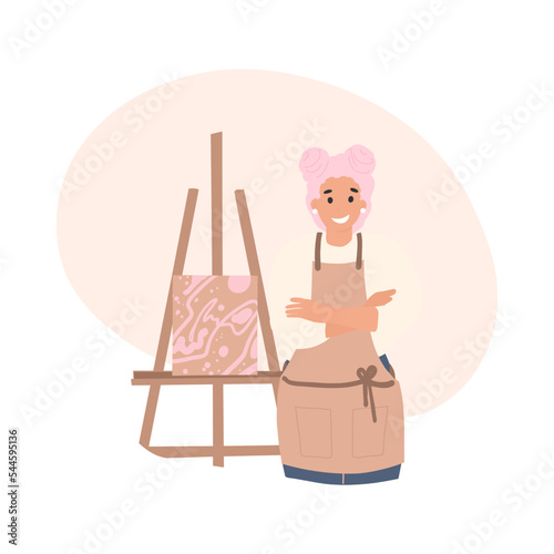 Young woman with pink hair, artist in apron stands near the easel, cartoon flat vector illustration. Hobby, painting, art studio, art classes, workshop concept. Professional painter