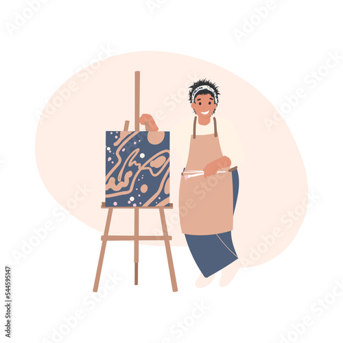 Woman, artist in apron stands near the easel, cartoon flat vector illustration. Hobby, painting, art studio, art classes, workshop concept. Professional painter