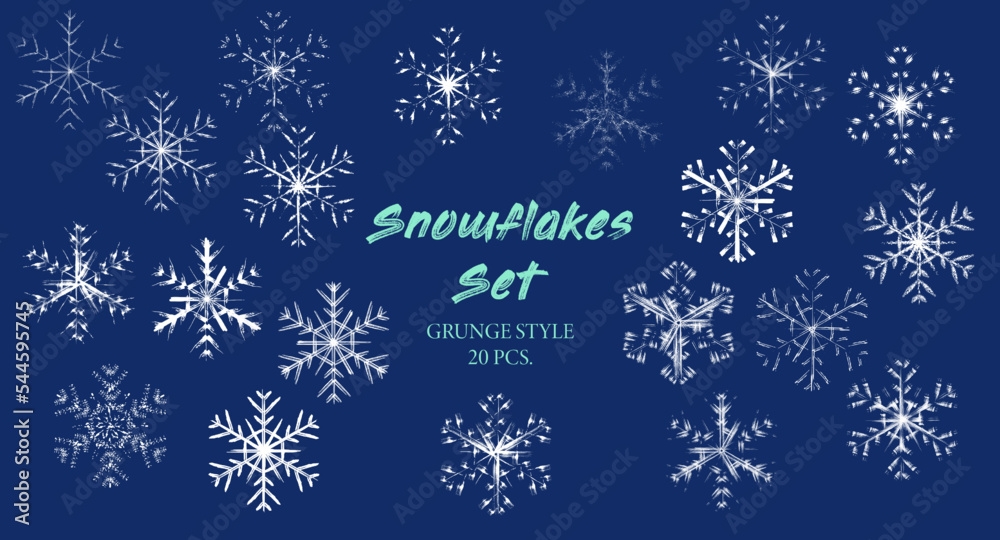 White silhouettes of 6 side snowflakes in grunge style. Rough brush strokes, paint smears. Big set for winter decoration