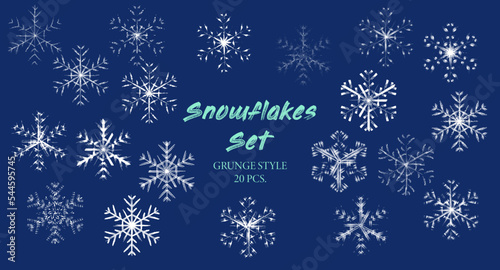 White silhouettes of 6 side snowflakes in grunge style. Rough brush strokes, paint smears. Big set for winter decoration