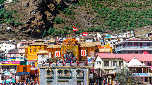 Aerial view of Badrinath Dham dedicated to Lord Vishnu situated in the town of Badrinath in Uttarakhand, India © mrinal