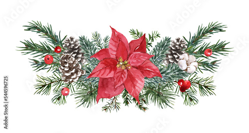 Festive Christmas greenery arrangement with pine branches, red poinsettia flower, and holly. Watercolor holiday wreath, isolated on white background.