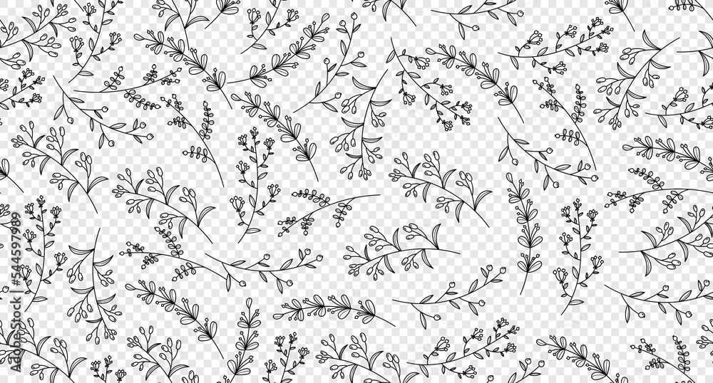 Elegant seamless pattern with plants and herbs. Leaves seamless pattern. Botanical seamless pattern. Floral background. Hand drawn vector illustration