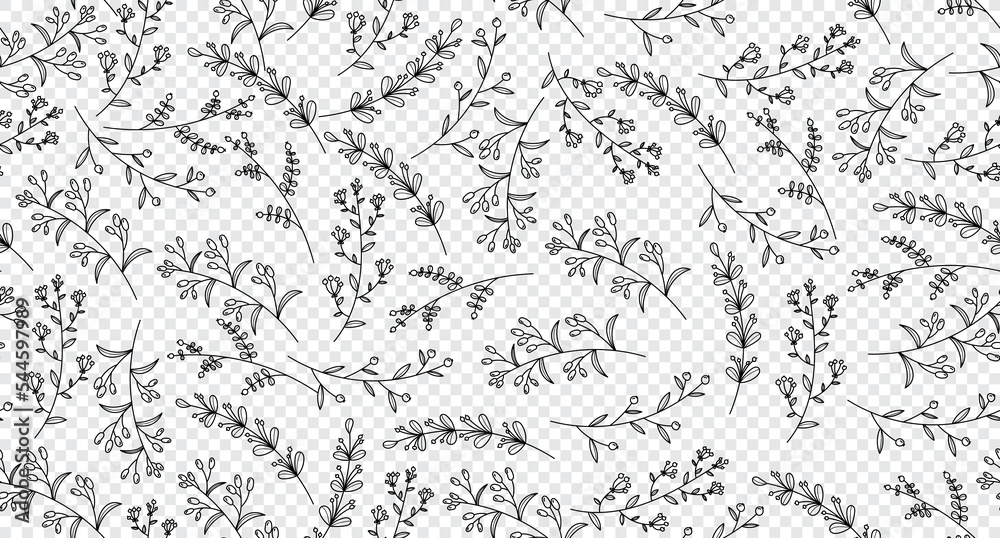 Elegant seamless pattern with plants and herbs. Leaves seamless pattern. Botanical seamless pattern. Floral background. Hand drawn vector illustration Elegant seamless pattern with plants and herbs. Leaves seamless pattern. Botanical seamless pattern. Floral background. Hand drawn vector illustration