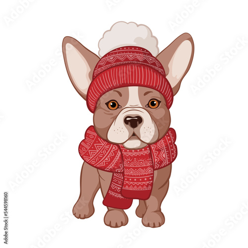 Cute dog in a red hat and scarf with a Christmas ornament. Cartoon character isolated on white background. Illustration of funny pet french bulldog in christmas costume. New Year card, t-shirt, poster