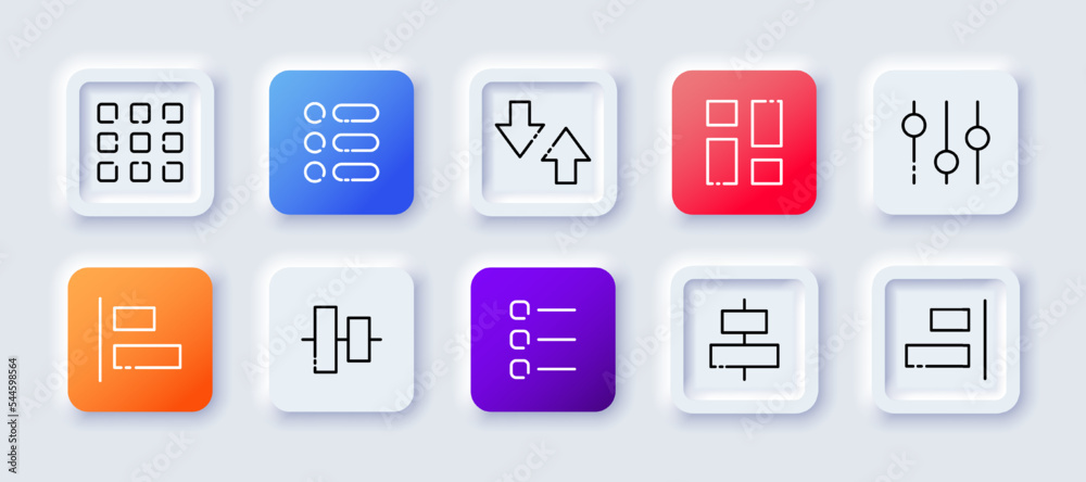 Menu buttons set icon. Tiles, slider, settings, centering, alignment, application, control panel, check list, app, align. Technology concept. Neomorphism style. Vector line icon for Business