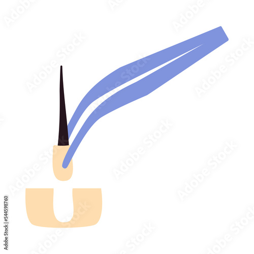 Hair transplant treatment forceps symbol. Surgical tweezers pulling out hair follicle. Alopecia medical procedure equipment tool. Hair loss diagnosis and transplantation concept. Vector illustration.